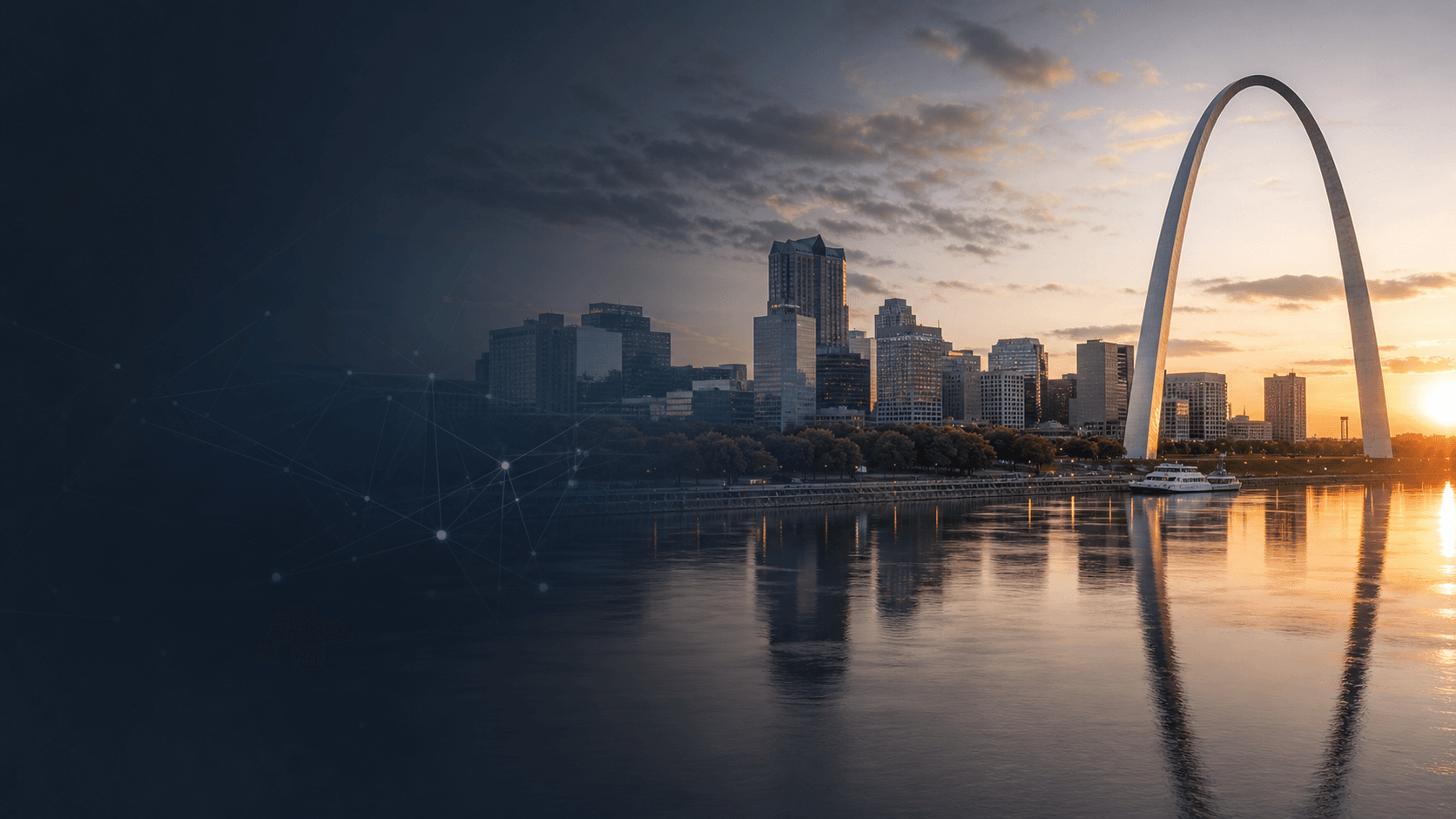 St. Louis skyline and Gateway Arch with subtle AI network visualization
